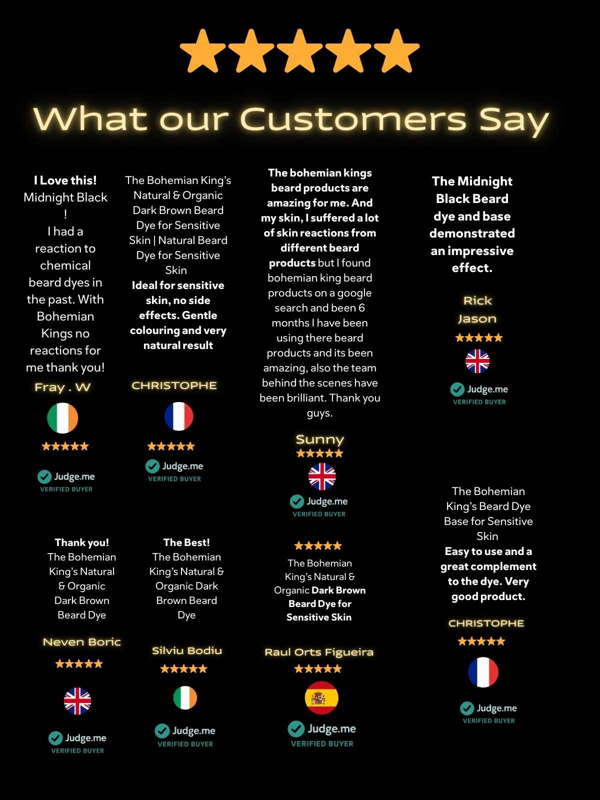 The Bohemian King's Five-star rating with customer testimonials on a black background