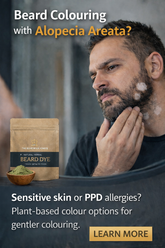 Alopecia areata can make beard colouring difficult, especially for men with sensitive skin or PPD allergies. Learn why results vary and safer dye options