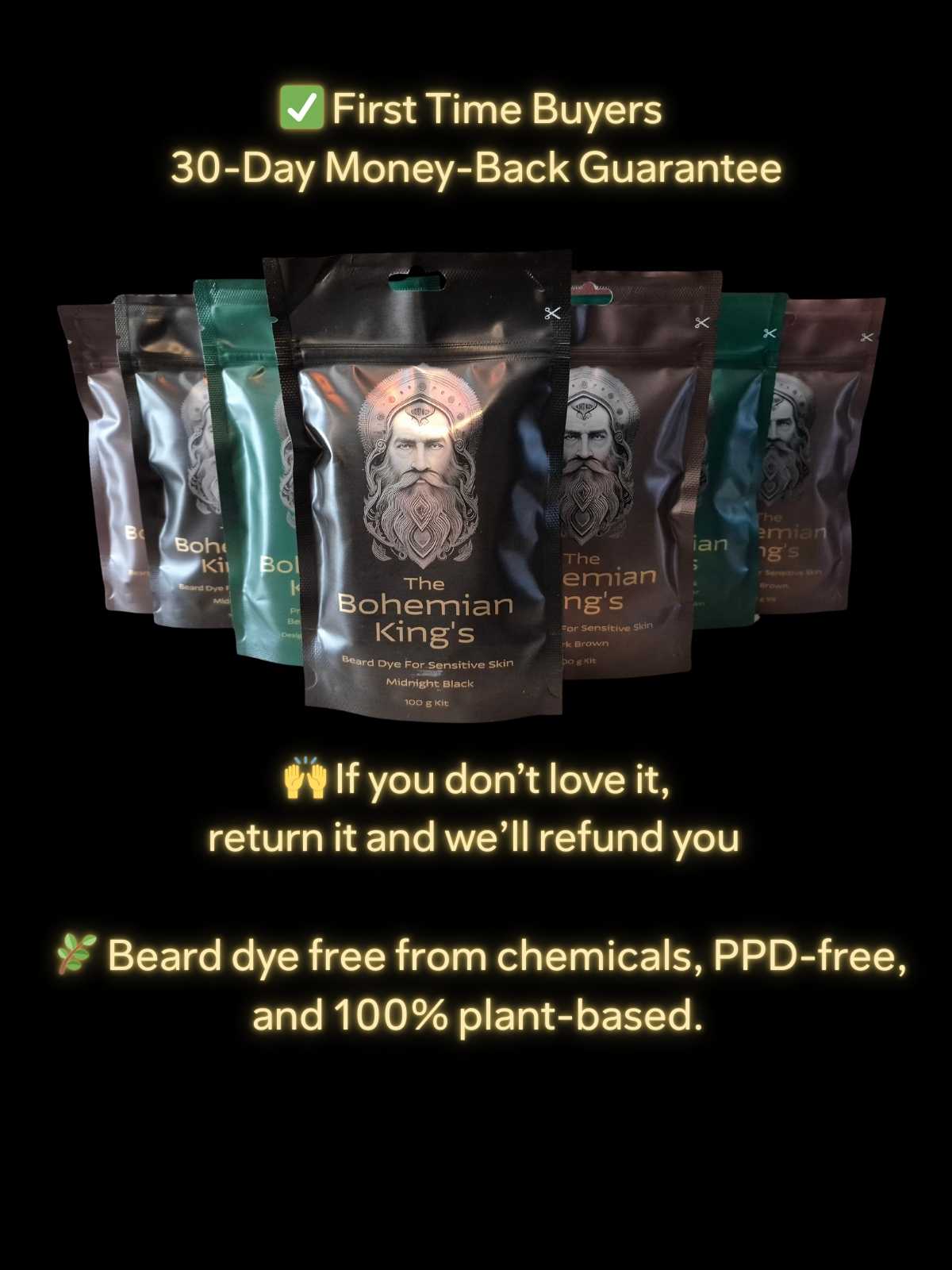 Packaging of 'The Bohemian King's' beard dye with promotional text on a black background 1st Time Buyer Guarantee