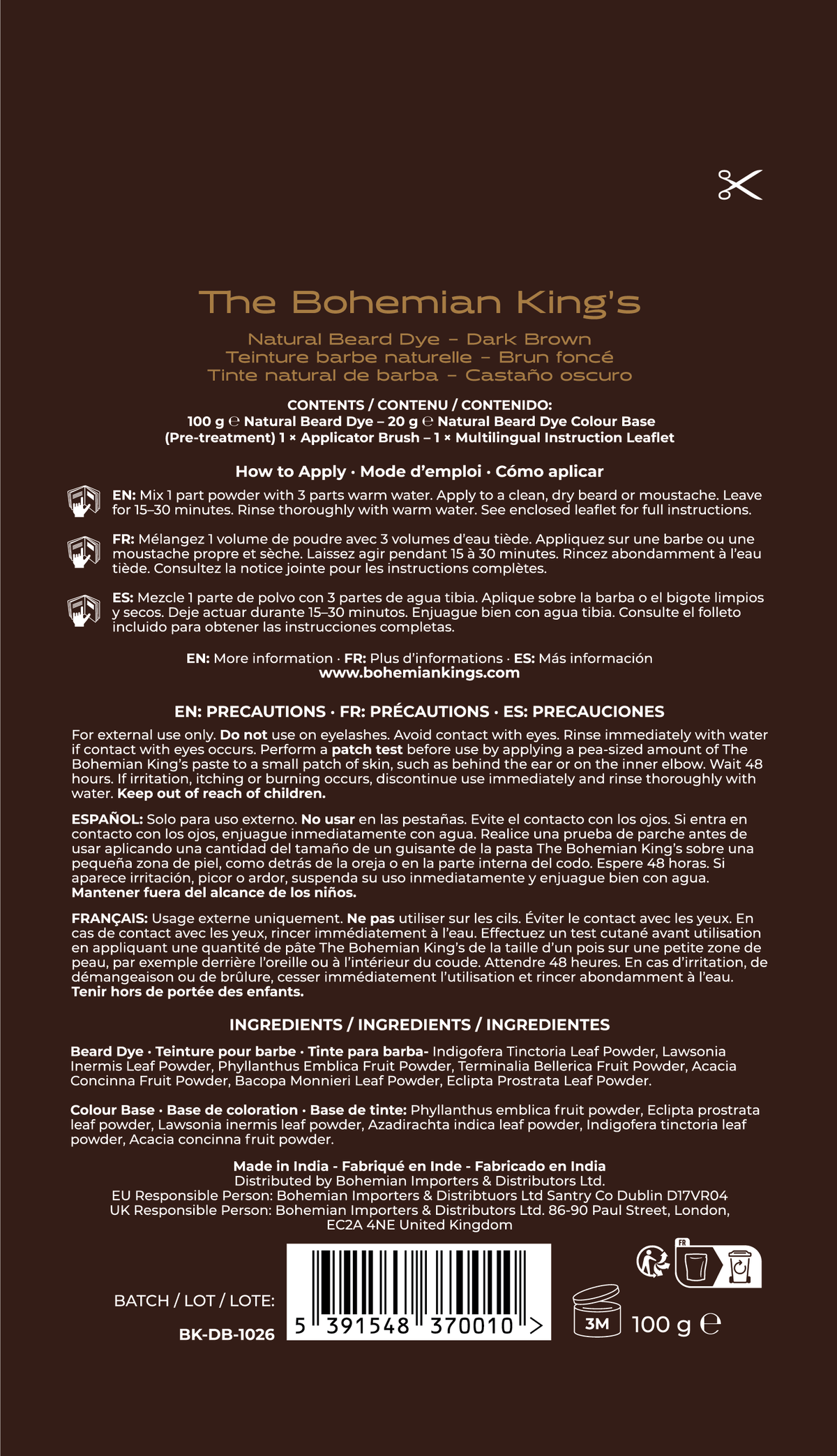 The back of a brown box of The Bohemian King's Natural Beard Dye, showing product details, ingredients, application instructions, and a barcode.