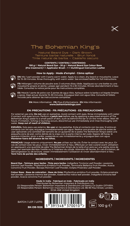 The back of a brown box of The Bohemian King's Natural Beard Dye, showing product details, ingredients, application instructions, and a barcode.