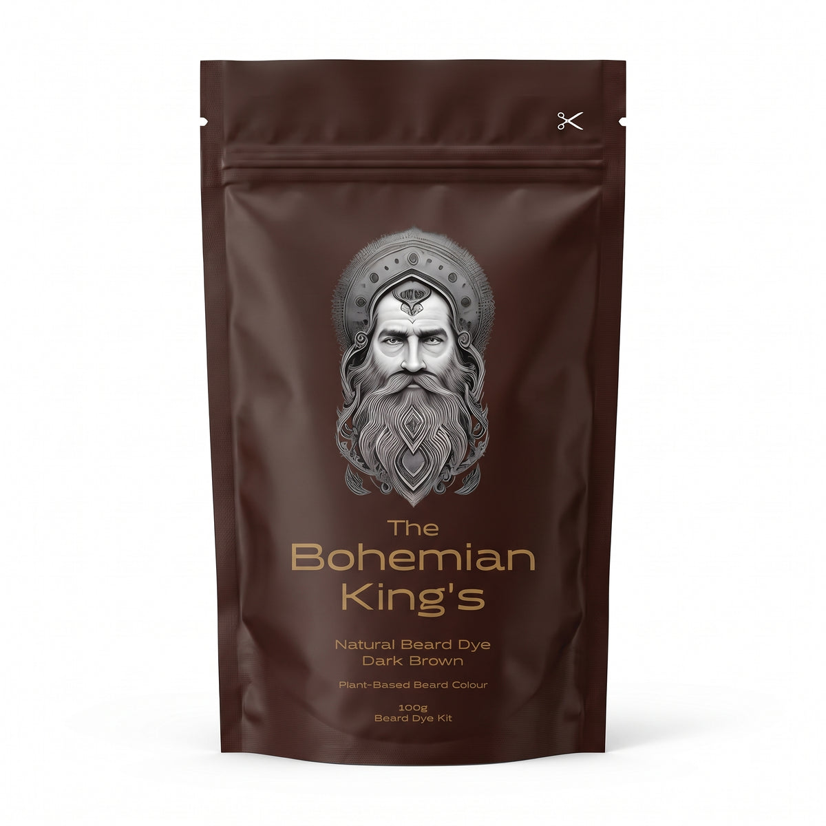 A dark brown stand-up pouch of 'The Bohemian King's' Natural Beard Dye in Dark Brown, featuring a detailed silver illustration of a bearded king on the front. Plant -Based Beard Dye