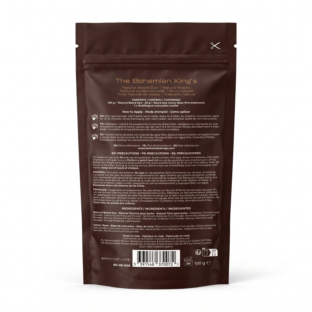 The back of a dark brown stand-up pouch for The Bohemian King's Natural Beard Dry, featuring product details, instructions, ingredients, and a barcode on a white background.