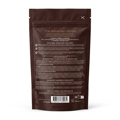 The back of a dark brown stand-up pouch for The Bohemian King's Natural Beard Dry, featuring product details, instructions, ingredients, and a barcode on a white background.