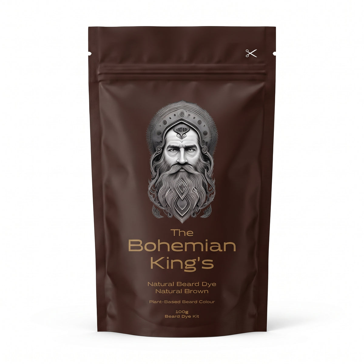 A brown stand-up pouch of 'The Bohemian King's' Natural Beard Dye kit, featuring a silver-gray illustration of a bearded man on the front, set against a plain white background.