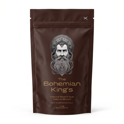 A brown stand-up pouch of 'The Bohemian King's' Natural Beard Dye kit, featuring a silver-gray illustration of a bearded man on the front, set against a plain white background.